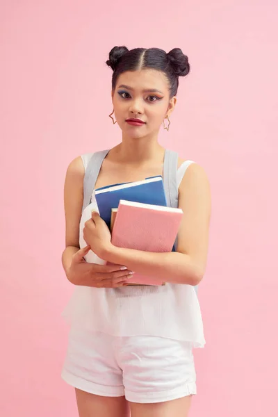 Photo Pretty Student Girl 20S Double Buns Hairstyle Wearing Backpack — Stock Photo, Image