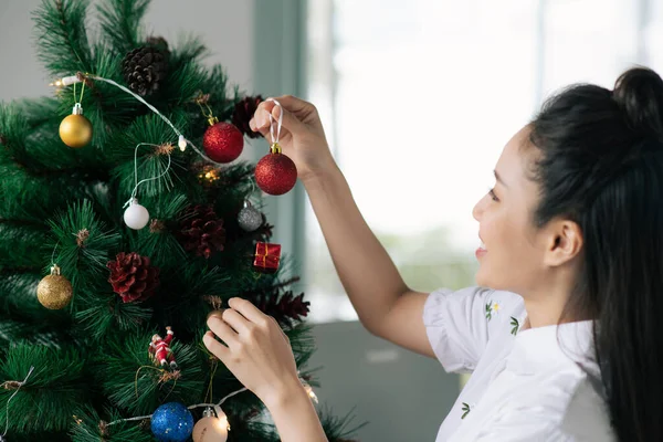 Genç Bir Kadın Noel Samimi Bir Köşesinde — Stok fotoğraf