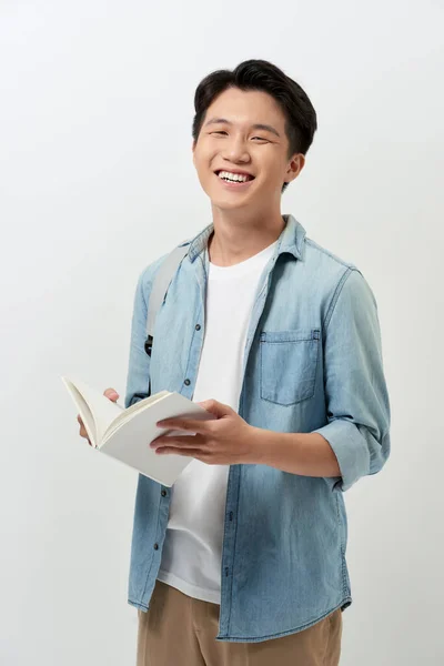Sırt Çantalı Sırtüstü Sırtüstü Gülümseyen Genç Bir Öğrenci Beyaz Arka — Stok fotoğraf