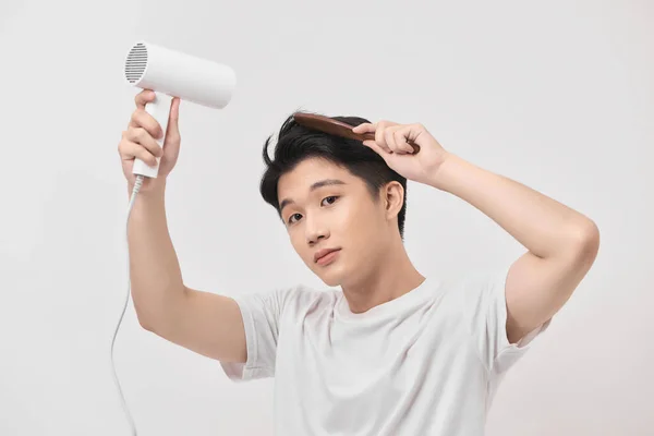 Asiático Divertido Joven Hombre 20S Años Viejo Blanco Camisa Hold — Foto de Stock