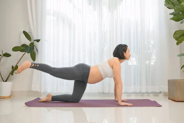 在家里练习瑜伽的年轻孕妇 — 图库照片