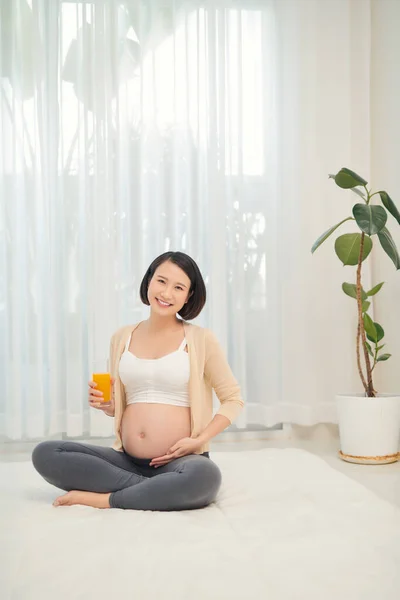 Happiest Time Every Woman Fruit Orange Juice Hands Pregnant Woman — Stock Photo, Image