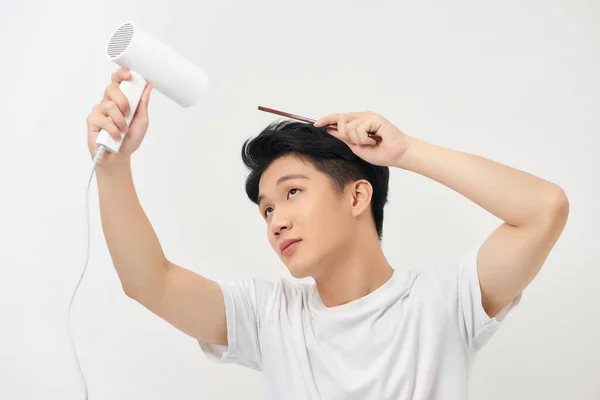 Young Handsome Drying His Hair Isolated White — Stock Photo, Image