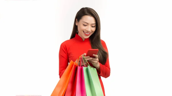 Beautiful Young Asian Woman Wear Vietnamese Dress Shopping Bag Smart — Stock Photo, Image