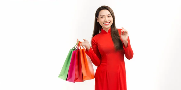 Vietnamesisk Kvinna Hålla Med Shoppingväska — Stockfoto