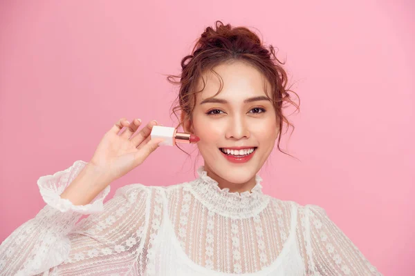 Portrait Beautiful Feminine Woman Applying Lipstick Red Lip Gloss Standing — Stock Photo, Image