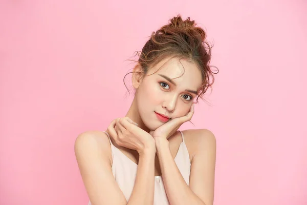 Beauty Portrait Woman Smiling Isolated Pink Background — Stock Photo, Image