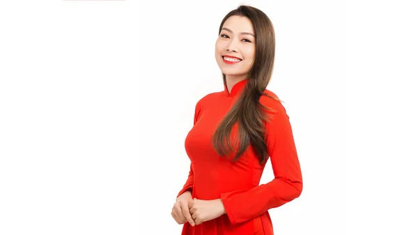 Gyönyörű Fiatal Ázsiai Visel Vietnam Hagyományos Kultúra Piros Dai Dress — Stock Fotó