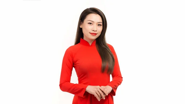 Porträtt Vacker Asiatisk Flicka Med Vietnamesiska Klänning Dai — Stockfoto