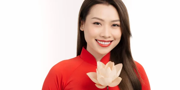 Close Van Een Aziatische Jonge Vrouw Traditionele Kleding Met Lotus — Stockfoto