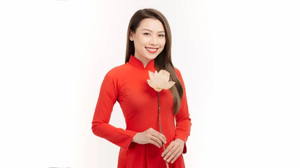 Hermosas Chicas Vietnamitas Vestidas Tradicional Vestido Rojo Dai Chica Vietnamita — Foto de Stock