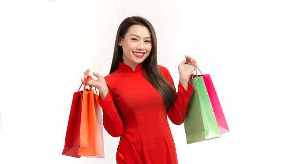 Happy Girl Dai Dress Successful Shopping Bags Her Hands — Stock fotografie