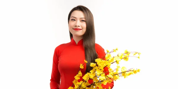 베트남 Women Wear Vietnam Tradition Dai Hoa Mai Tree Ochna — 스톡 사진