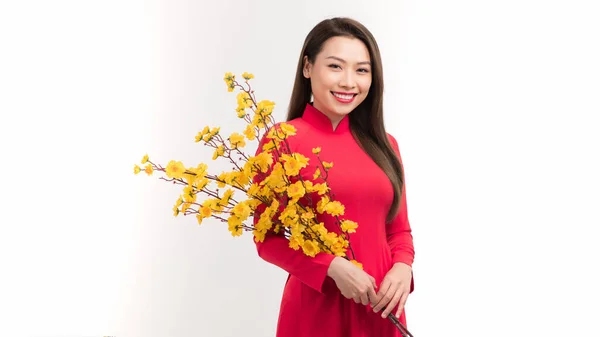 Mulher Asiática Bonita Traje Tradicional Festival Dai Segurando Flores — Fotografia de Stock