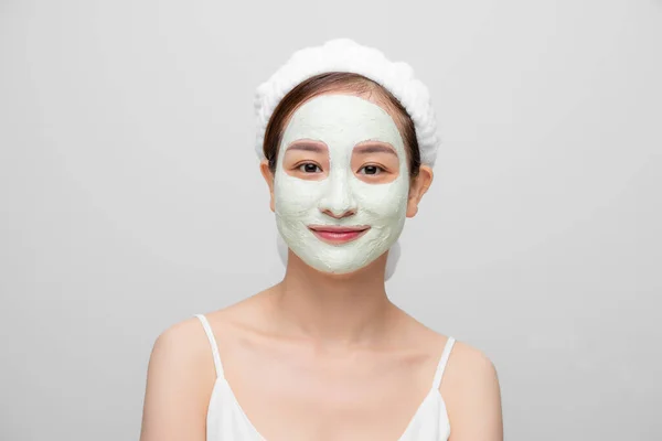 Isolated Shot Pretty Woman Wears Facial Mask Refreshing Skin Her — Stock Photo, Image