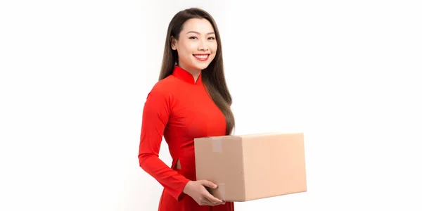 Woman Vietnamese Traditional Clothes Giving Gift Box — Stock Photo, Image