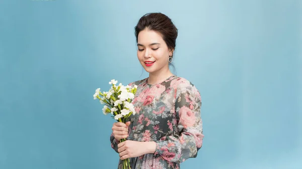 Attractive Girl Various Fresh Flowers — Stock Photo, Image