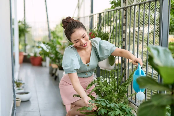 Ritratto Bella Donna Che Innaffia Piante Verdi Sul Balcone Piccolo — Foto Stock