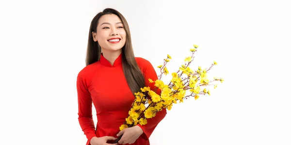 Beautiful Asian Woman Red Dress Vietnamese Style Hold Hoa Mai — 스톡 사진