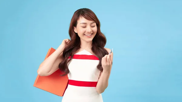 Happy Young Woman Holding Credit Card Colorful Shopping Bags Looking — 图库照片