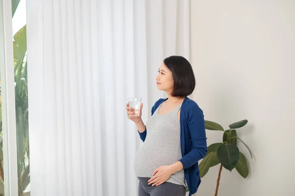 Feuchtigkeit Schwangere Trinkt Wasser Aus Glas Das Fenster Steht — Stockfoto