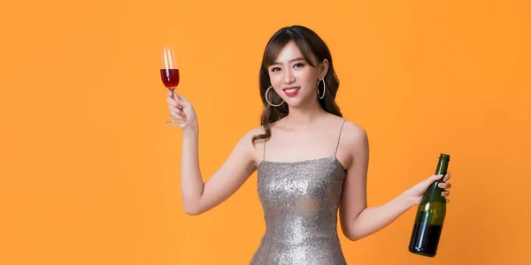 Young Attractive Woman Evening Dress Holding Glass Champagne Party Time — Foto de Stock
