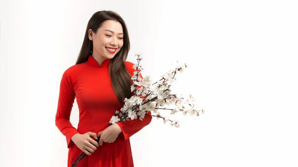Vackra Asiatiska Kvinnor Röd Traditionell Vietnamesisk Klänning Med Att Hålla — Stockfoto