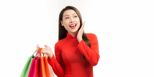 Actie Portret Een Aziatische Vrouw Draagt Dai Jurk Viering Van — Stockfoto