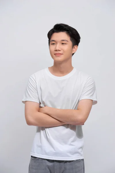 Portrait Young Asian Man Isolated White Background Standing Crossed Arms — Stok fotoğraf