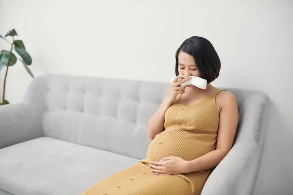 Embarazo Enfermedad Mujer Embarazada Enferma Que Sopla Nariz Tejido Que — Foto de Stock