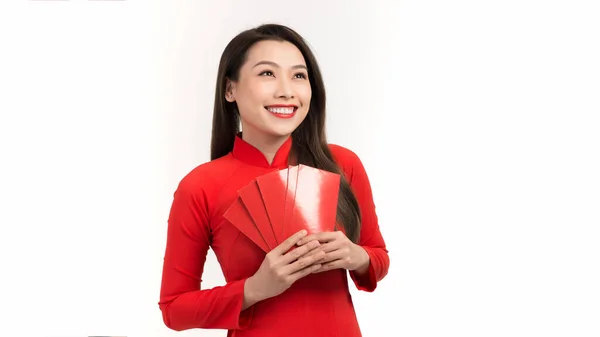 Mulher Asiática Com Bolso Vermelho — Fotografia de Stock