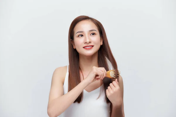 Woman Comb Her Hand White Background — Stock Photo, Image