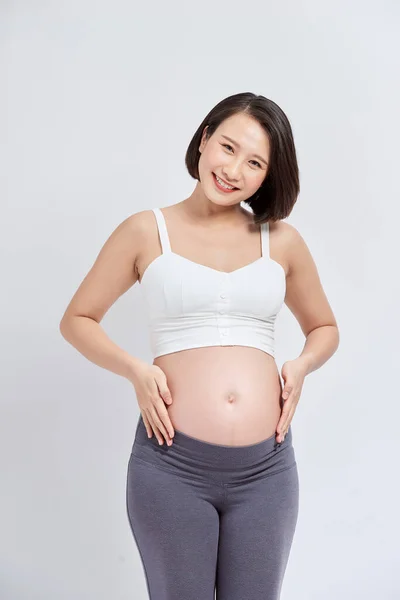 Mulheres Grávidas Estão Vendo Estômago Crescer Feliz — Fotografia de Stock