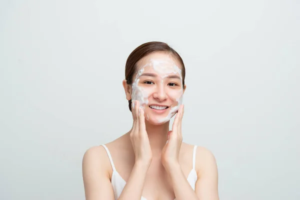 Close Happy Smile Asian Woman Using Daily Care Skin Cleansing — Stok Foto