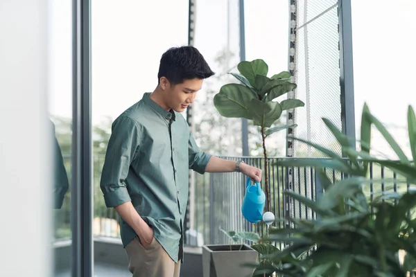 Мужчина Поливает Дома Растения Балконе — стоковое фото