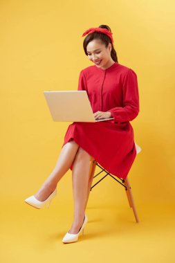 Güzel ve mutlu bir kadın dizüstü bilgisayarla çalışıyor, sarı arka planda izole edilmiş.