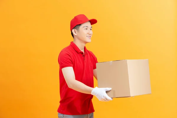 Friendly Smiling Courier Giving Out Package Customers Handing Box Client — Stock Photo, Image