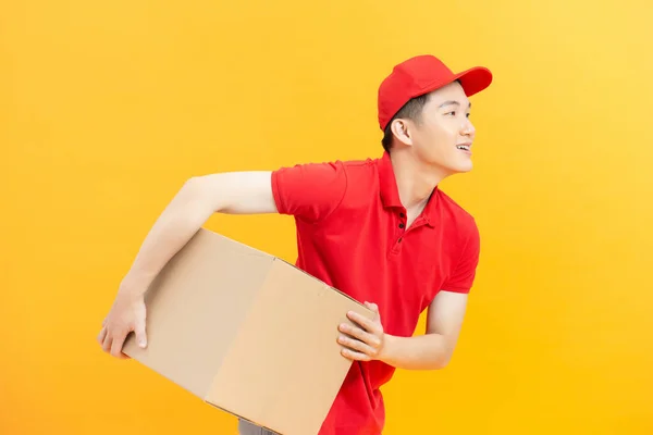 Homem Entrega Com Caixa Isolada Sobre Cor — Fotografia de Stock