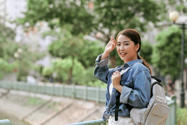 Joyful Asian Girl Posing Soft Sun Light Space Text — Stock Photo, Image