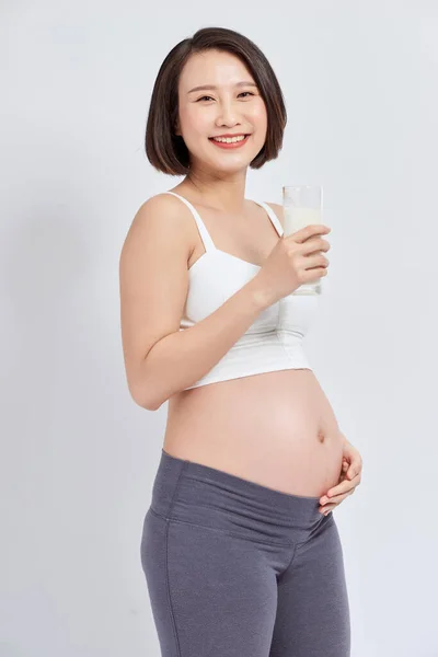 Femme Enceinte Tenant Verre Lait Dans Main Bonne Santé Isolé — Photo