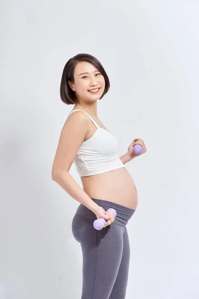 Asiática Mulher Grávida Fazer Exercício Levantando Halteres Conceito Maternidade Gravidez — Fotografia de Stock
