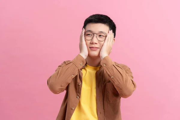 Ashamed Man Smiling Covering His Face Hands Isolated Pink Background — Stock Photo, Image