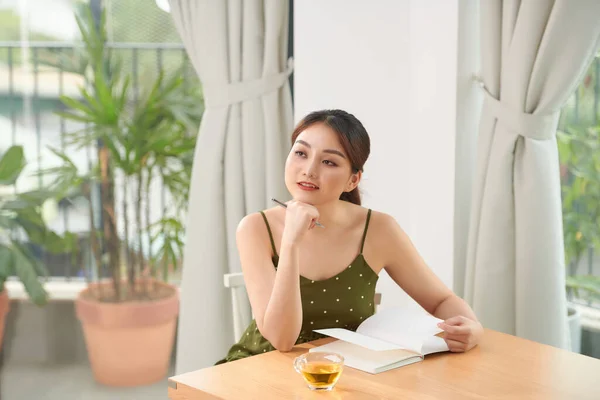 Relaxed Young Woman Big Window Home — Stock Photo, Image