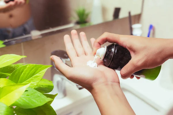 Man Spraying Shaving Foam Palm — Stock Photo, Image