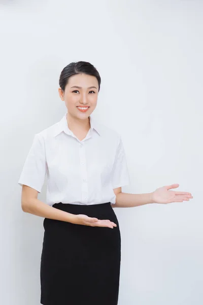 Portret Van Een Mooie Zakenvrouw Een Wit Shirt Zwarte Rok — Stockfoto