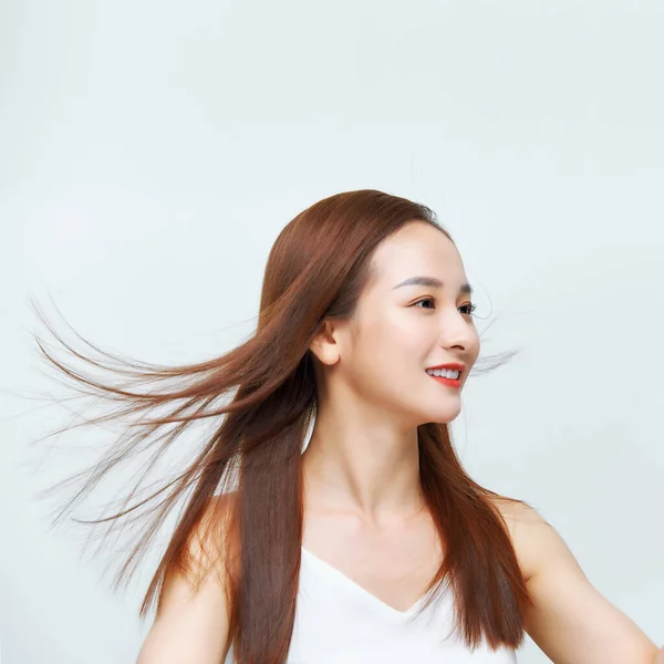 Face Beautiful Woman Long Brown Hair Posing Studio — Stock Photo, Image