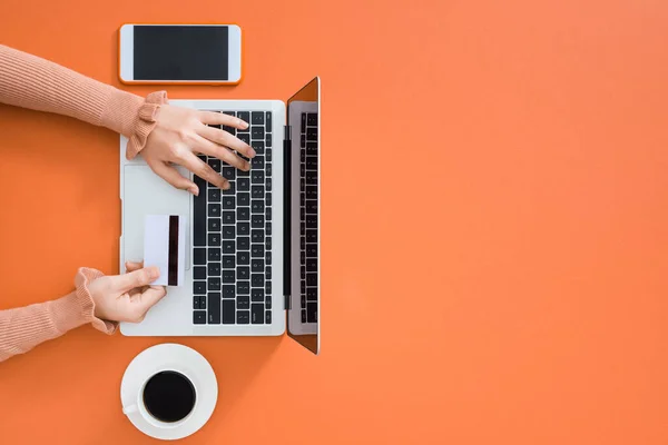 Zakenvrouw Hand Winkelen Online Betaling Met Behulp Van Computer Met — Stockfoto