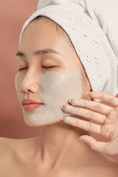 Close Portrait Attractive Girl Towel Head Clay Mask Face Isolated — Stock Photo, Image