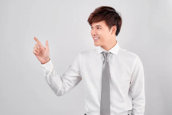 Young Happy Man Shows Finger Side Casuals — Stock Photo, Image