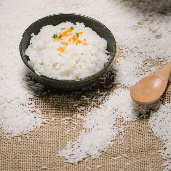 Close Cooked Rice Wooden Bowl Wooden Table — Stock Photo, Image